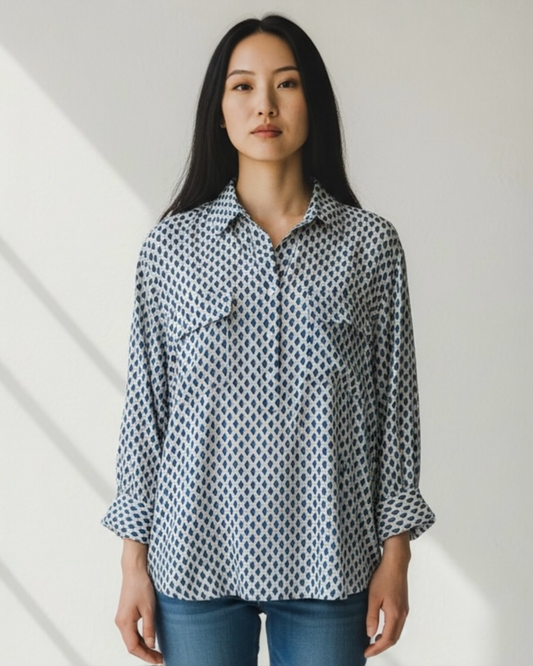 Blue & White Silk Blouse by Gerard Darel | Size L