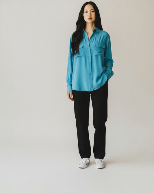 Turquoise Blue Washed Silk Blouse by Equipment | Size S