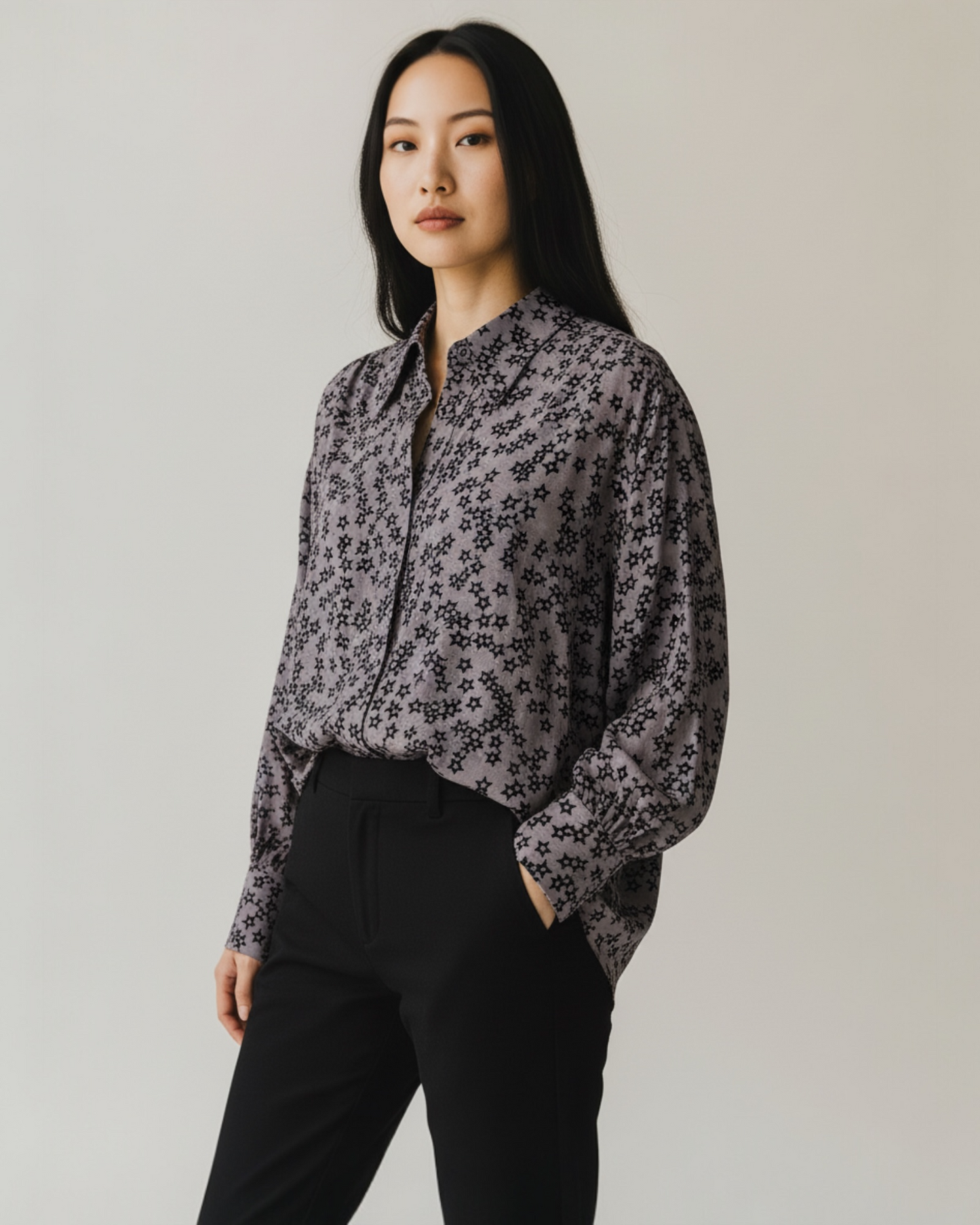 Mushroom Grey Star Print Silk Blouse by Equipment | Size L