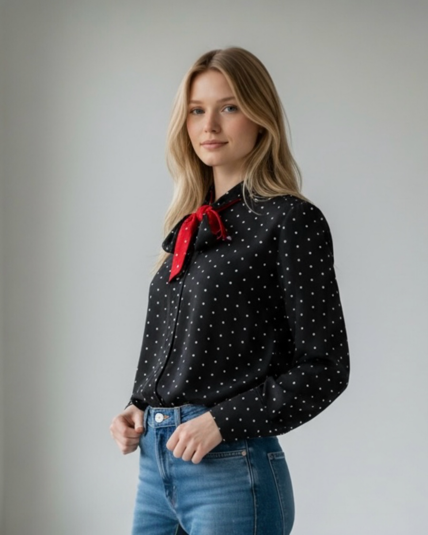 Black Pussy Bow Blouse with White Spot and Red Accents by Paul Smith | Size S