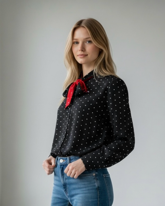 Black Pussy Bow Blouse with White Spot and Red Accents by Paul Smith | Size S