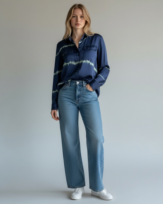 Navy Tie Dye Satin Blouse by Equipment | Size S