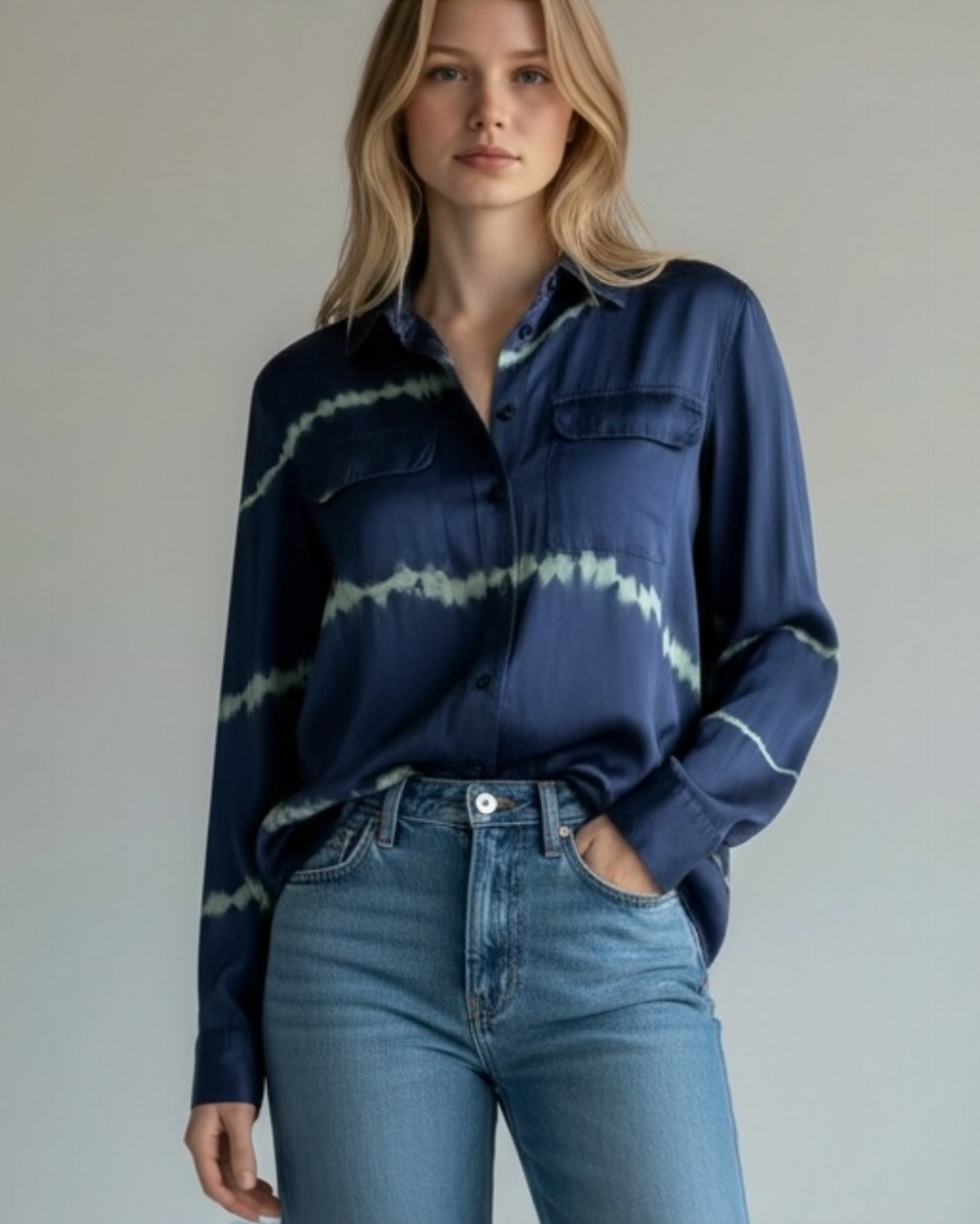 Navy Tie Dye Satin Blouse by Equipment | Size S
