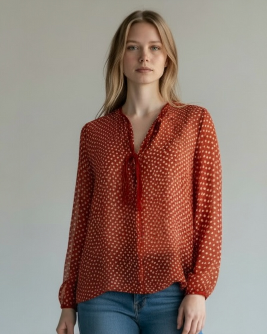 Red & White Sheer Silk Top by Whistles | Size M
