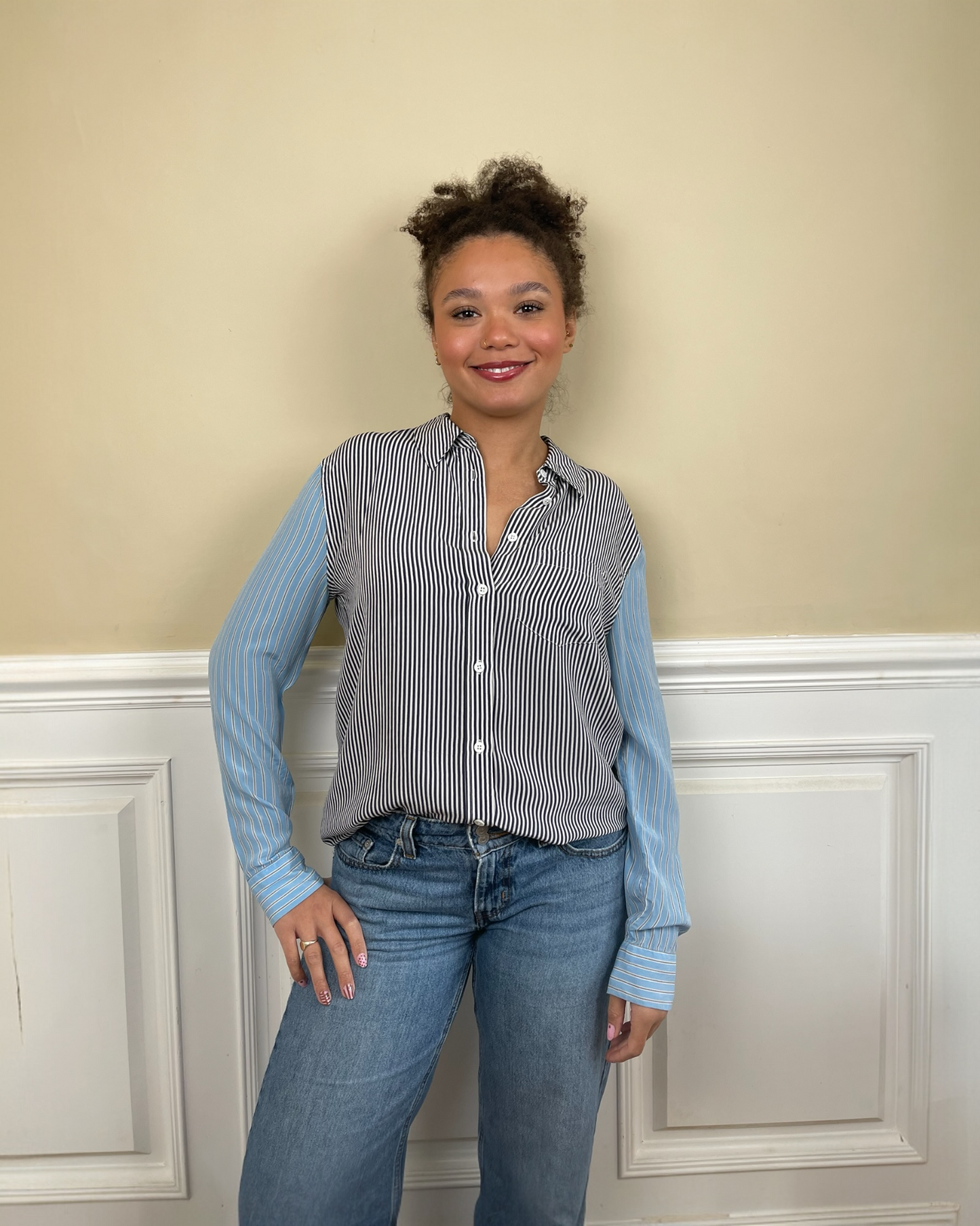 Mis-matched Blue Stripe Silk Blouse by Equipment | Size S
