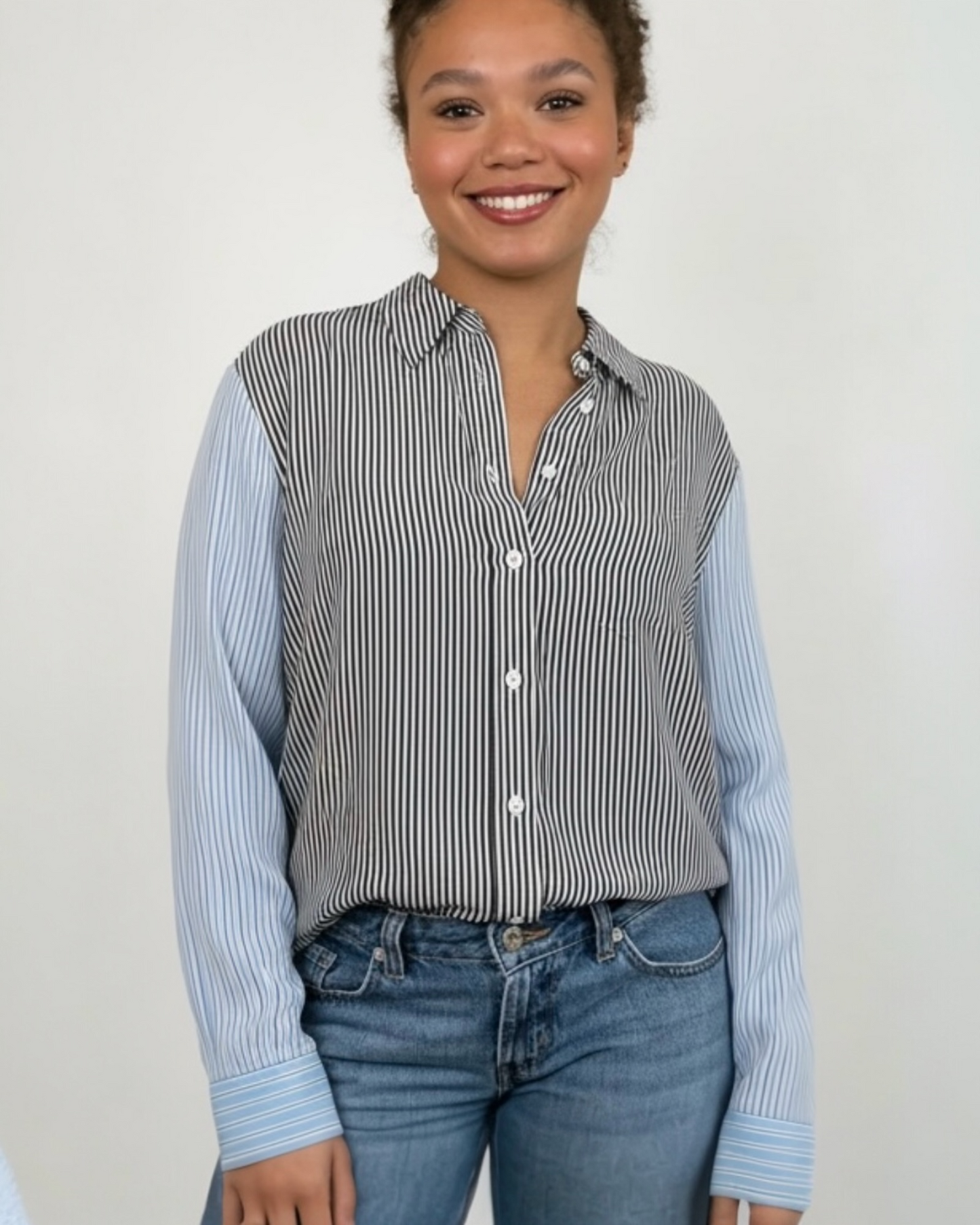Mis-matched Blue Stripe Silk Blouse by Equipment | Size S