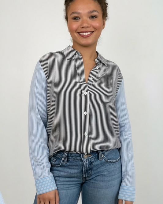Mis-matched Blue Stripe Silk Blouse by Equipment | Size S