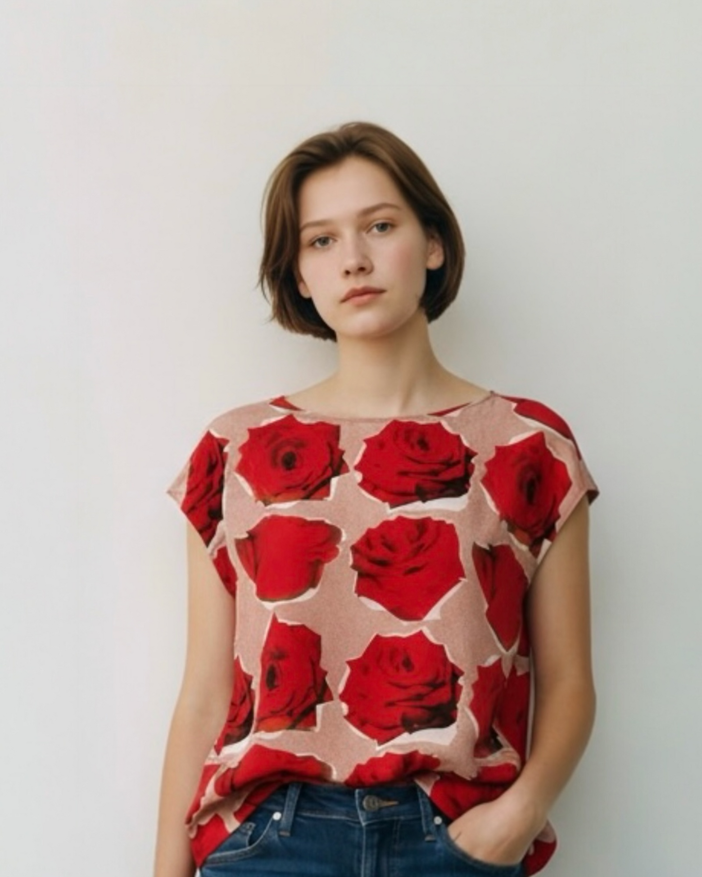Red & White Rose Print Silk Top by Paul Smith | Size M