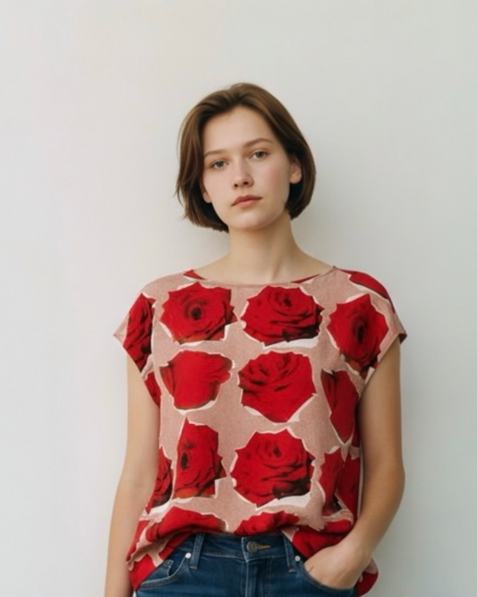 Red & White Rose Print Silk Top by Paul Smith | Size M