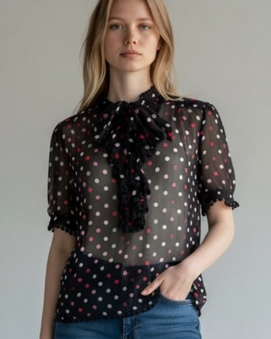 Black Polka Dot Sheer Chiffon Silk Blouse by Jaeger | M
