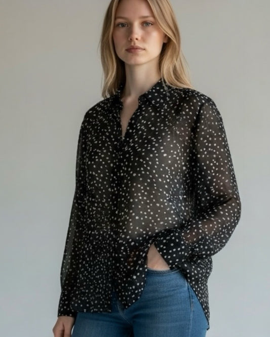 Black & White Spot Silk Blouse by Theory | Size L