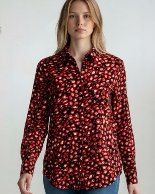 Red, Black & White Patterned Silk Blouse by Jaeger | Size L