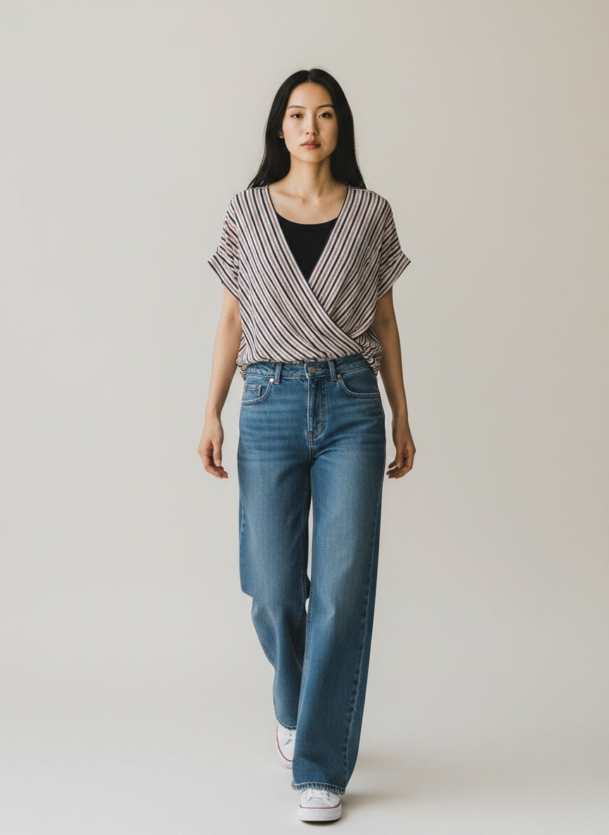 Navy & Red Stripe Silk Blouse by Gerad Darel | Size M