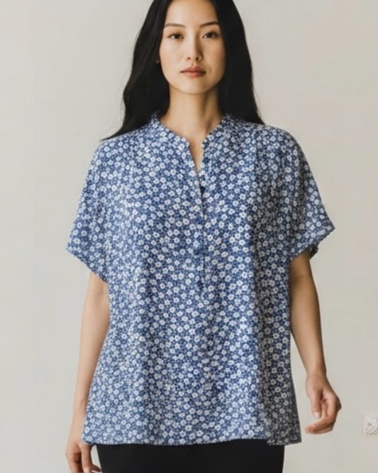 Blue and White Pure Silk Blouse by Gerard Darel | L