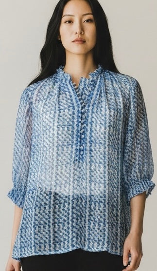 Blue and White Short Sleeve Silk Blouse by The Fold | L