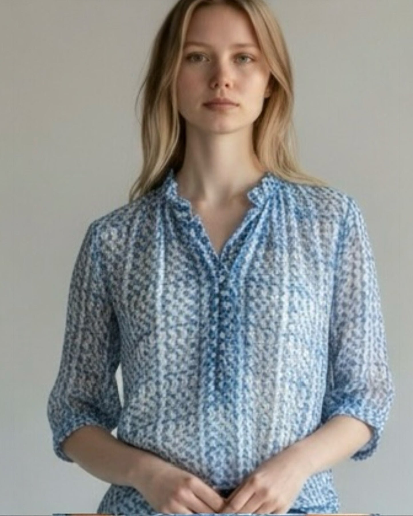 Blue and White Short Sleeve Silk Blouse by The Fold | L