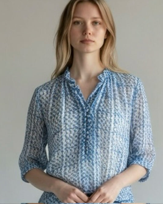 Blue and White Short Sleeve Silk Blouse by The Fold | L