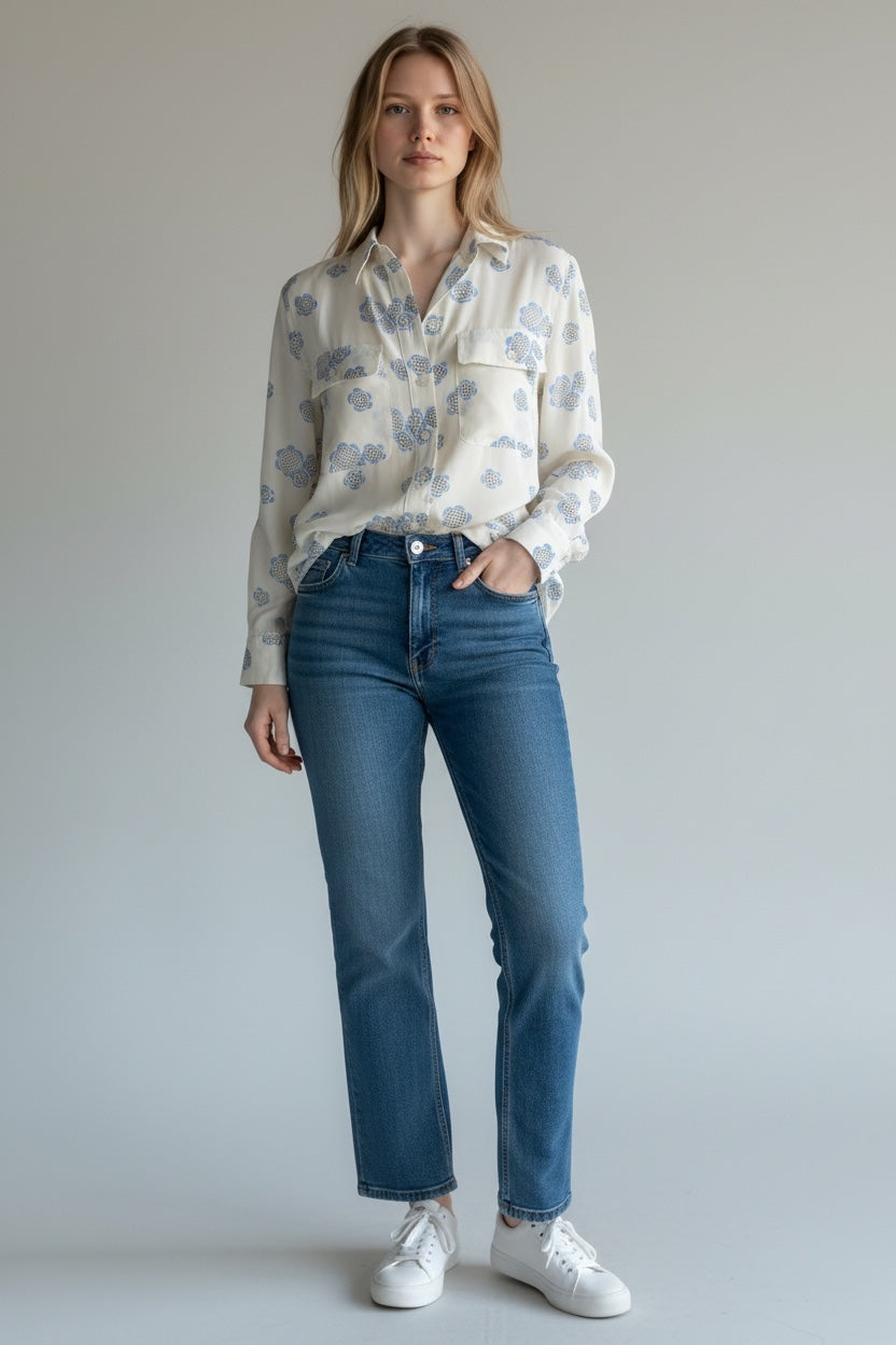 Blue and Cream Silk Blouse by Boden | size M