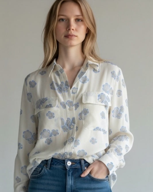 Blue and Cream Silk Blouse by Boden | size M