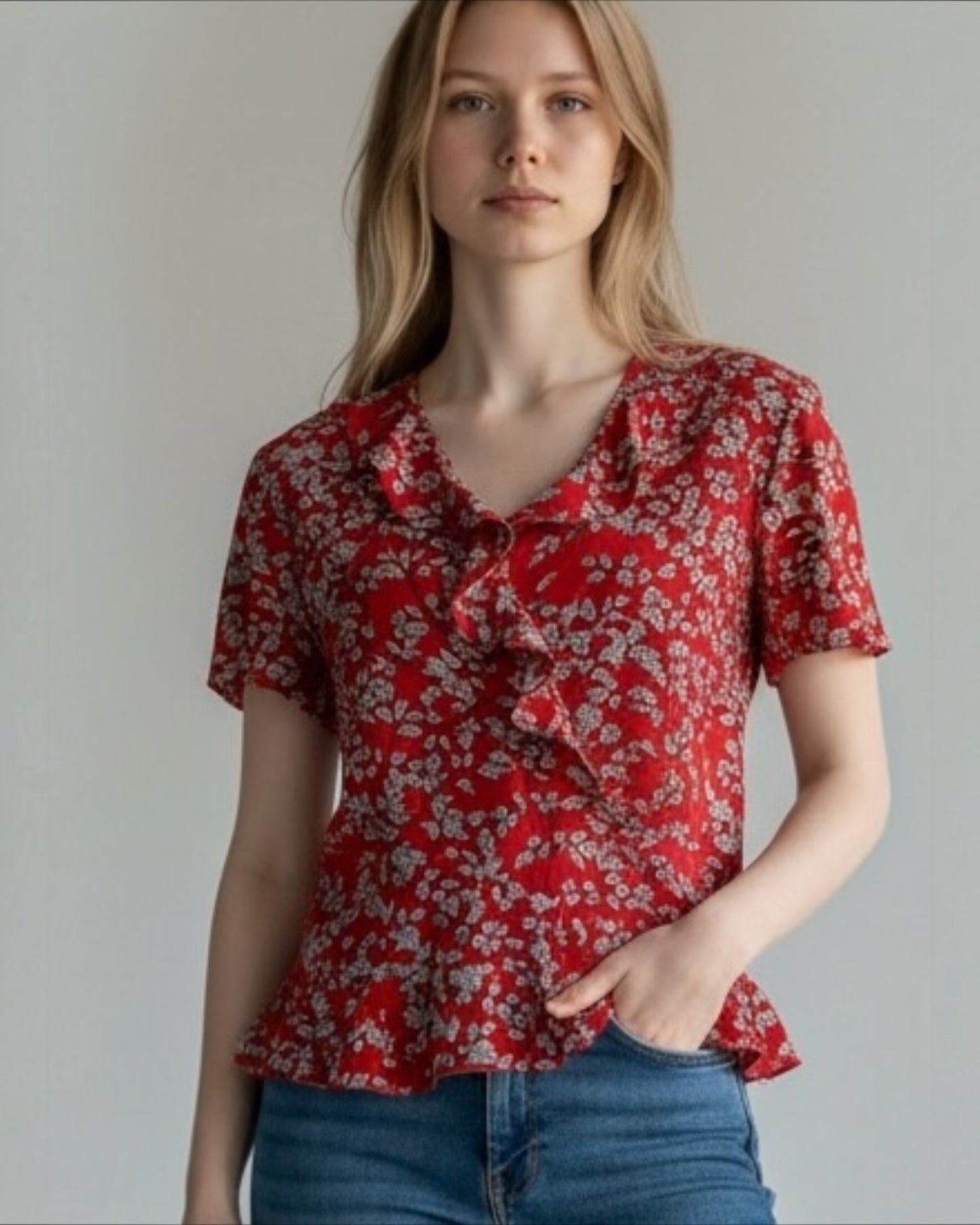 Red and Grey Pure Silk Blouse by Jigsaw | Size M