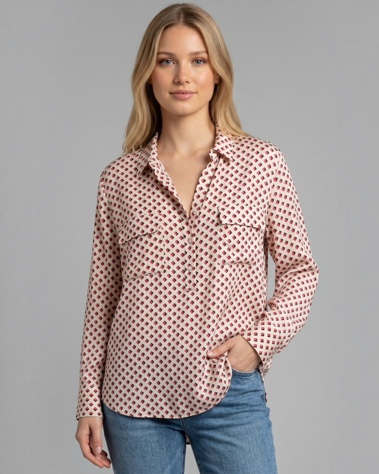 Red and Cream Pure Silk Blouse by Gerard Darel | Size L