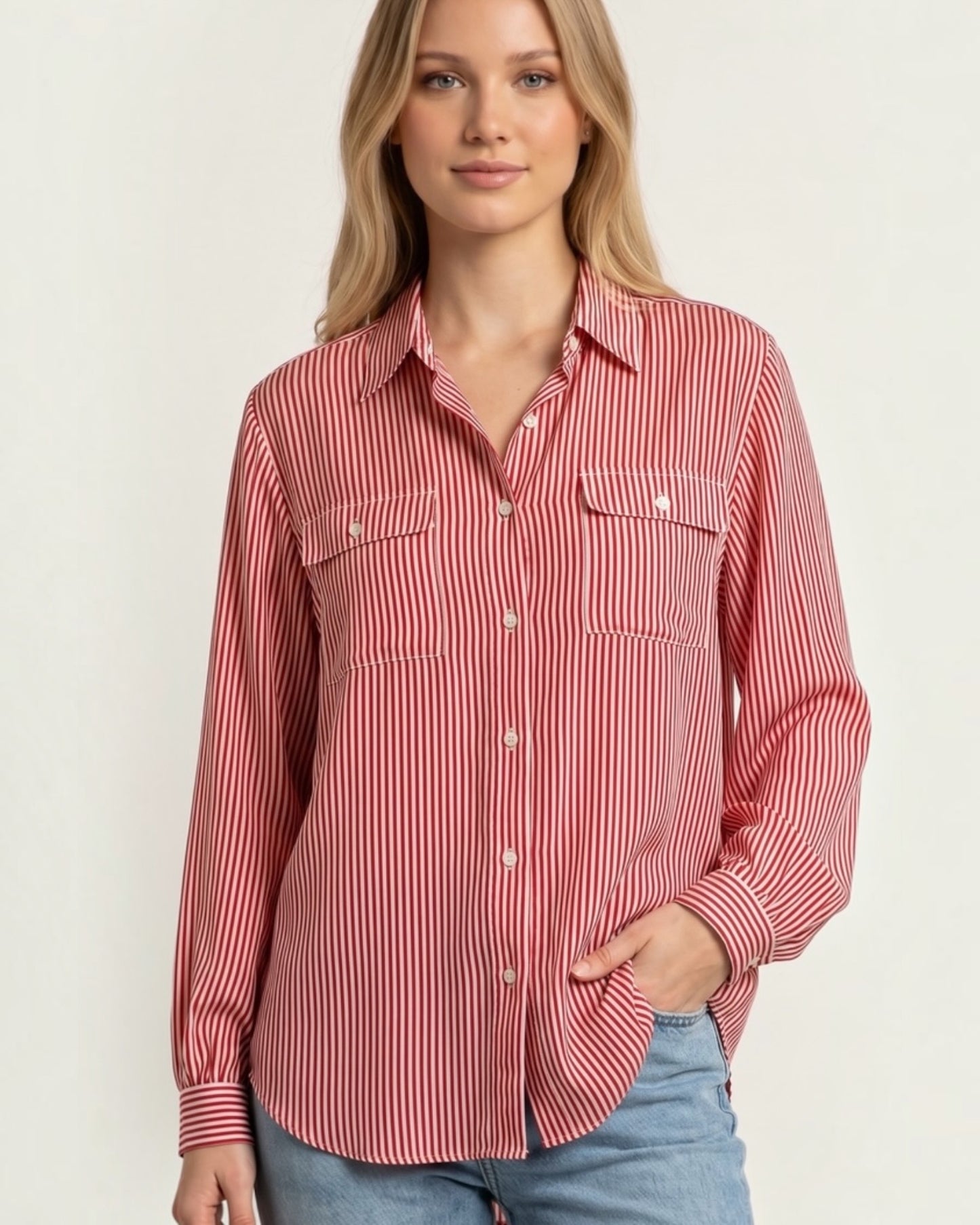 Red and White Stripe Silk Blouse Vintage French | Size L