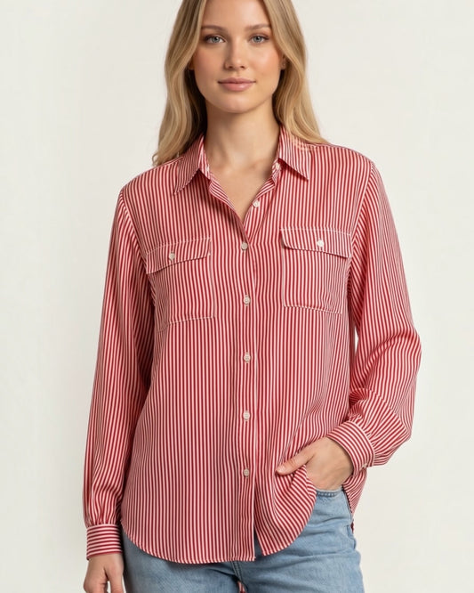 Red and White Stripe Silk Blouse Vintage French | Size L