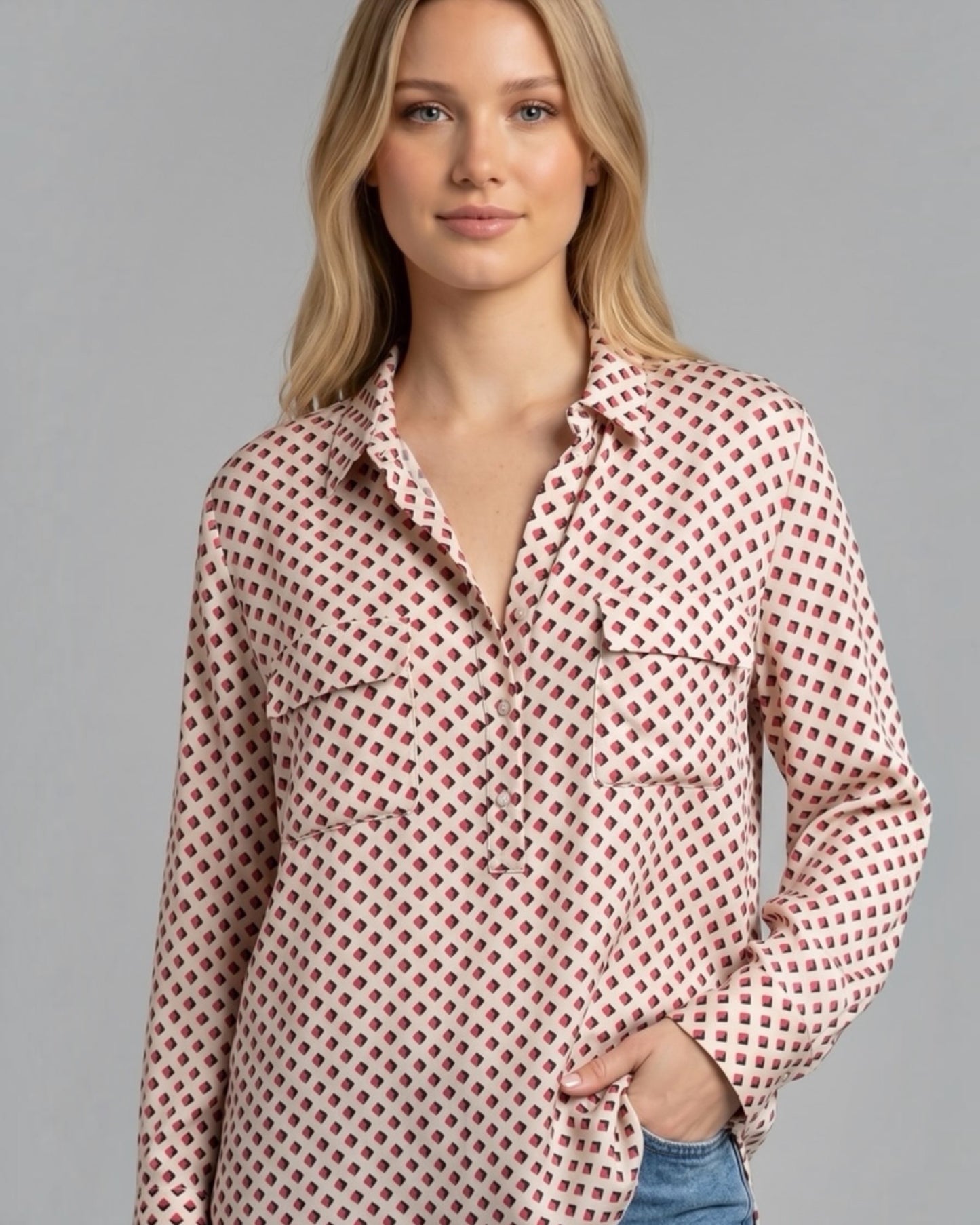Red and Cream Pure Silk Blouse by Gerard Darel | Size L