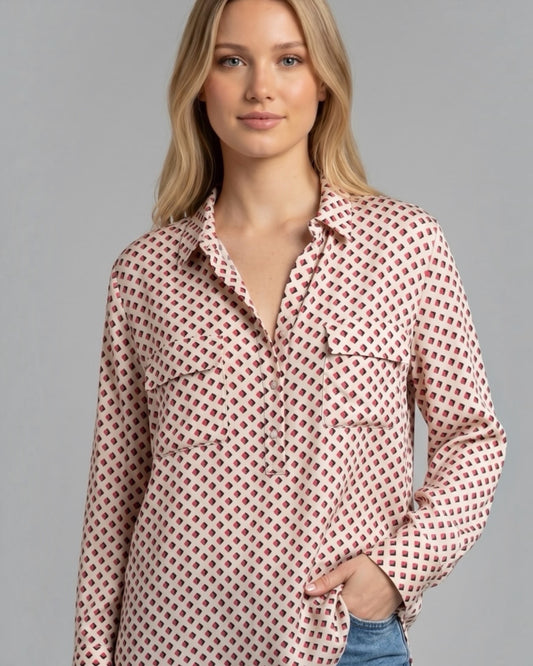 Red and Cream Pure Silk Blouse by Gerard Darel | Size L