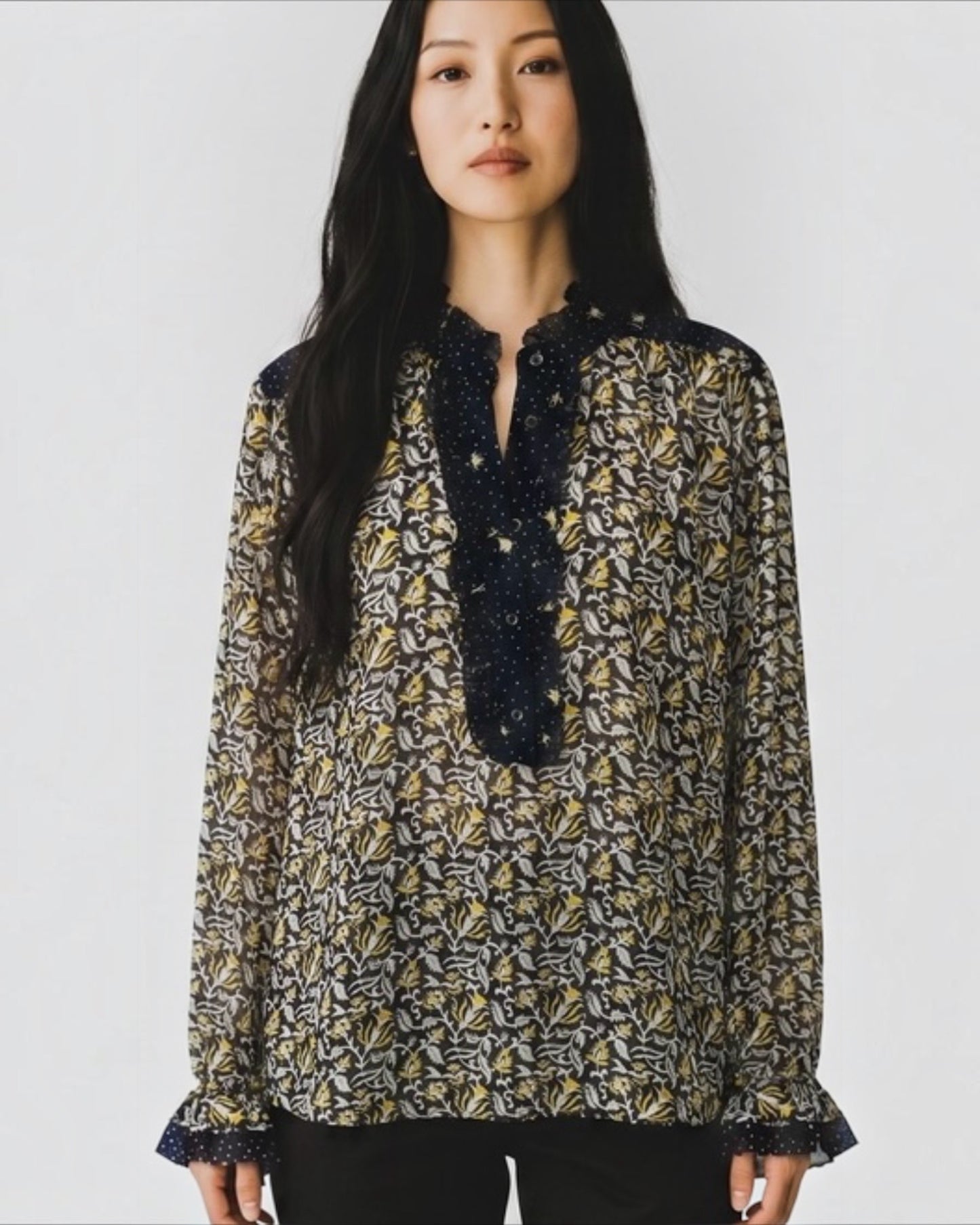 Black White and Lemon Silk Blouse by Brora | Size L