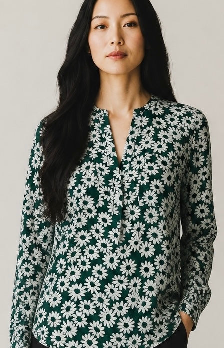 White and Green Daisy Print Silk Blouse by Whistles | Size S