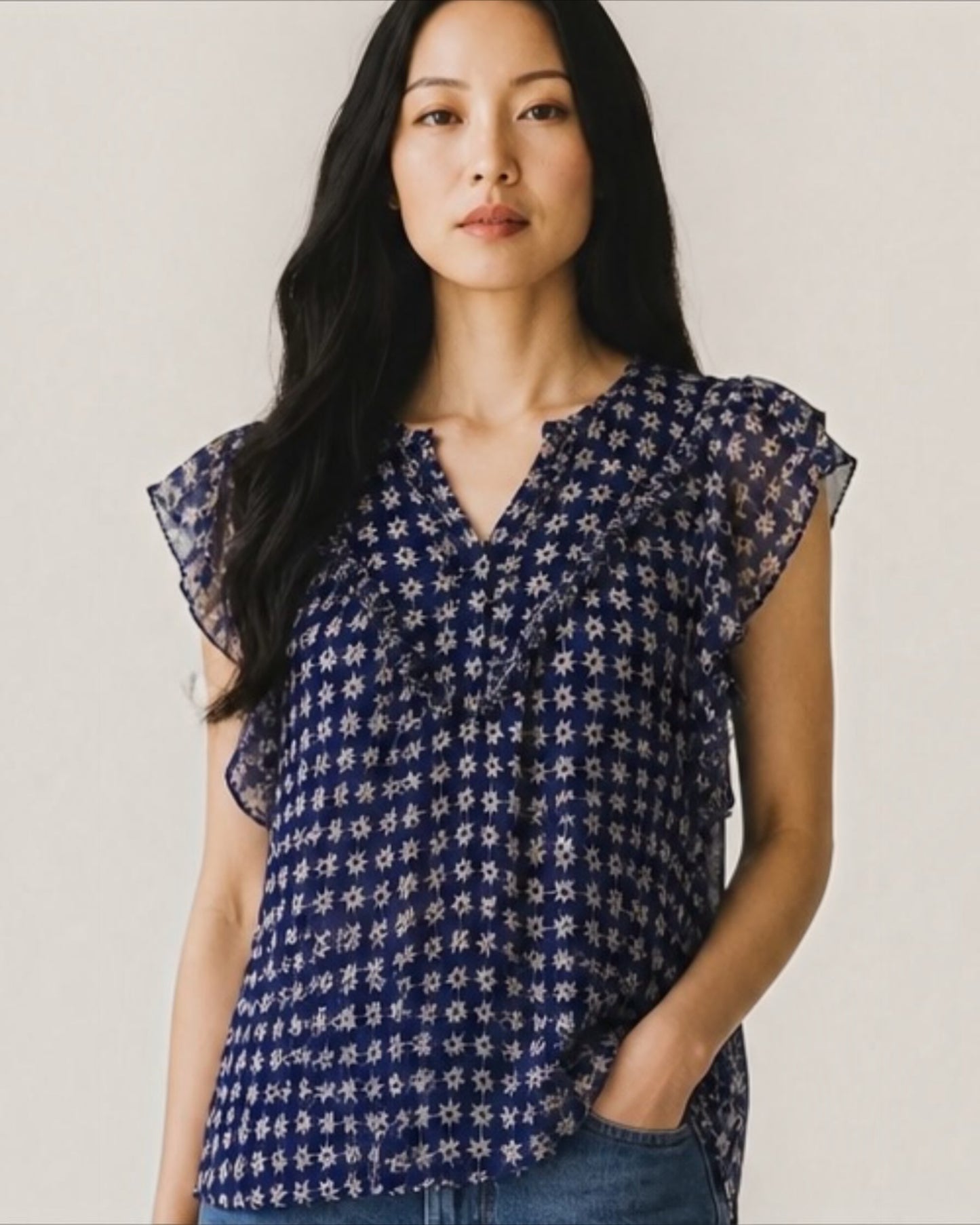 Blue and Cream Libellule Gaucho Star Print Silk Blouse by Diane Von Fustenberg |Size S