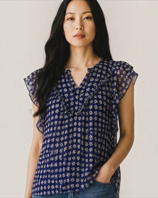 Blue and Cream Libellule Gaucho Star Print Silk Blouse by Diane Von Fustenberg |Size S