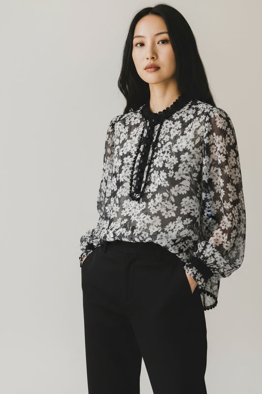 Black and White Chiffon Silk Blouse by Jaeger | Size L