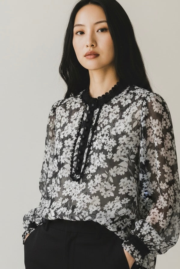 Black and White Chiffon Silk Blouse by Jaeger | Size L