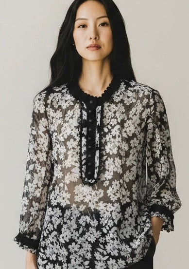 Black and White Chiffon Silk Blouse by Jaeger | Size L