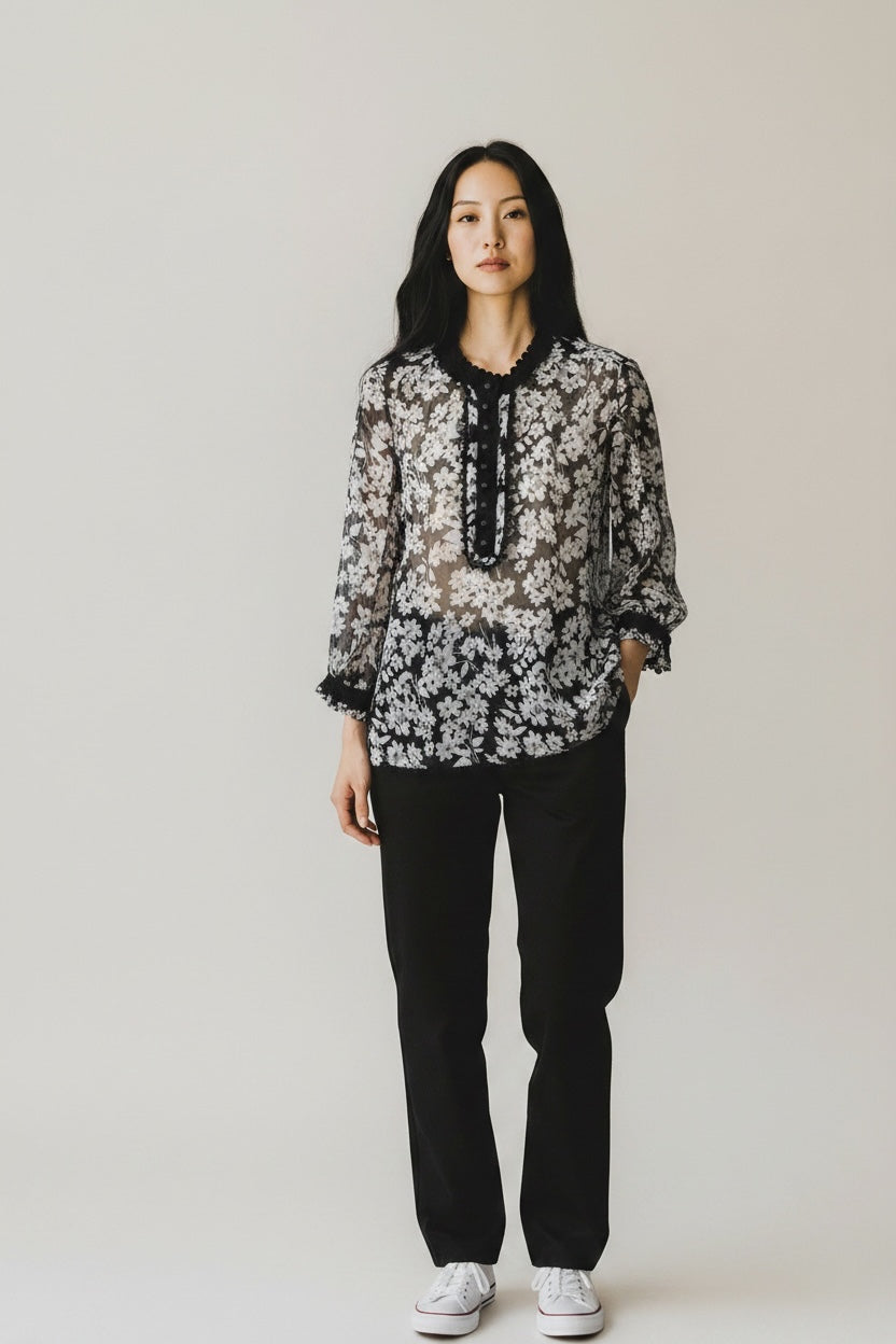 Black and White Chiffon Silk Blouse by Jaeger | Size L