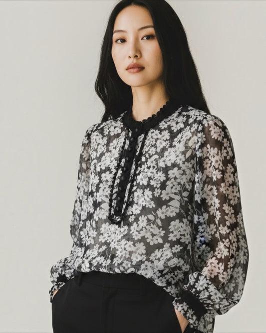Black and White Chiffon Silk Blouse by Jaeger | Size L