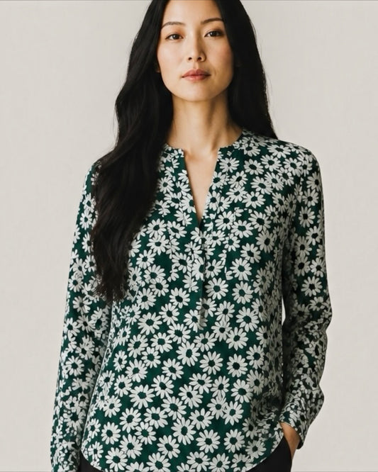 White and Green Daisy Print Silk Blouse by Whistles | Size S