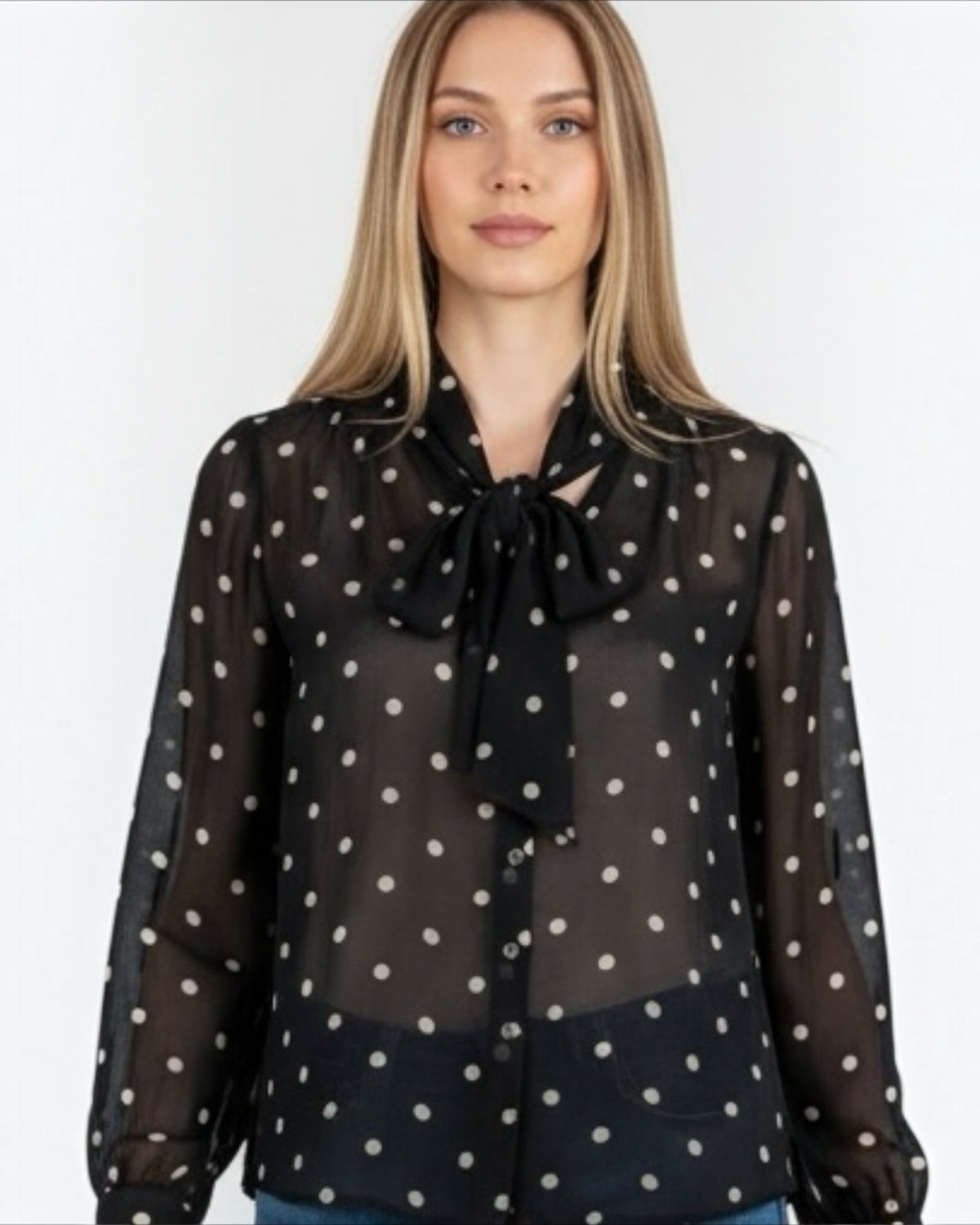 Black and White Polka dot Silk Chiffon Blouse by LK Bennett | Size M