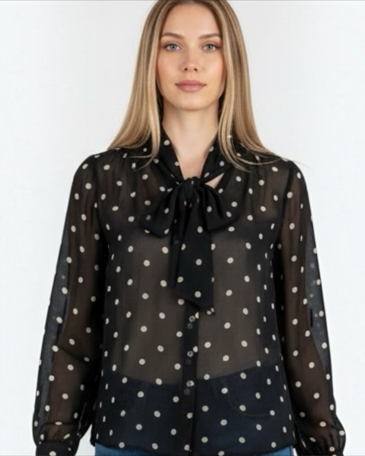 Black and White Polka dot Silk Chiffon Blouse by LK Bennett | Size M