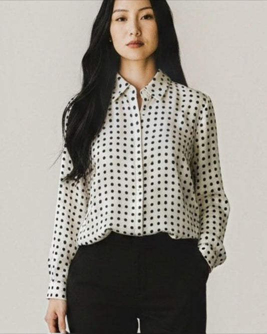 Black and Off White Spotted Silk Blouse by Jaeger London | Size M