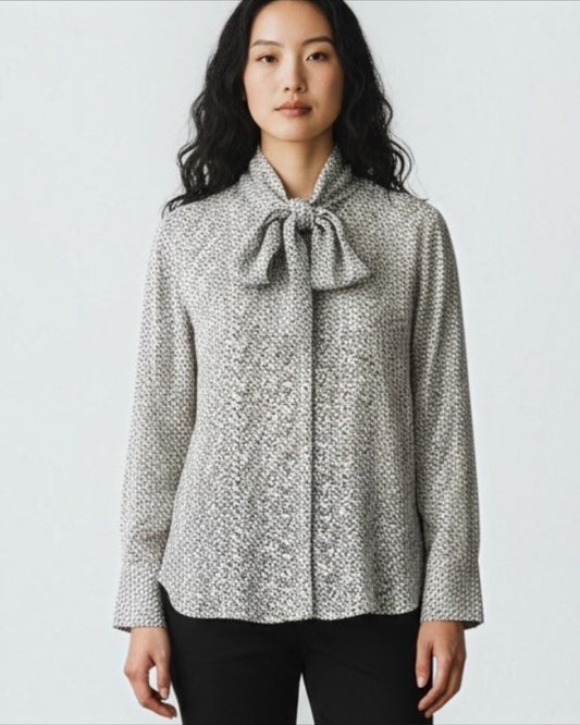 Black and White Pussy Bow Silk Blouse by Jigsaw | Size M