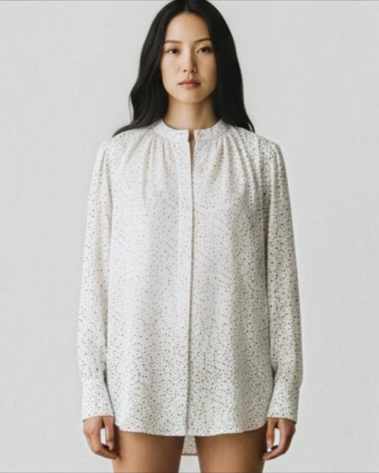 White and Black Spot Silk Blouse by Equipment | Size L