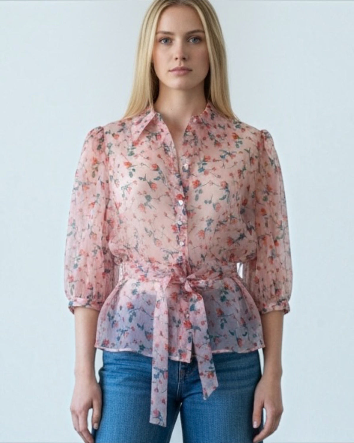 Rare Pink Organza Rose Bud Print Silk Blouse by LK Bennett | Size L