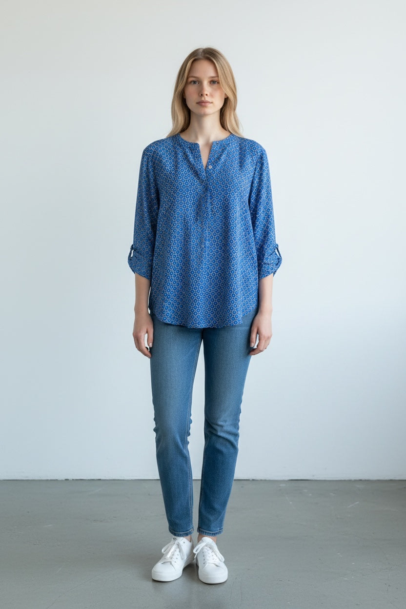 Blue Silk Crepe de Chine Classic Print Silk Blouse by Anne Taylor | Size L
