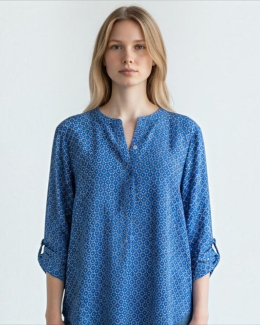 Blue Silk Crepe de Chine Classic Print Silk Blouse by Anne Taylor | Size L