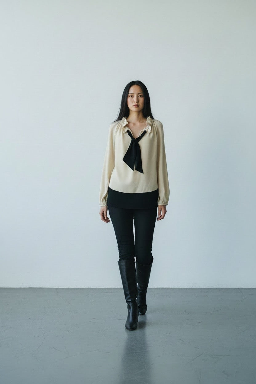 Cream and Black Silk Crepe Silk Blouse by Jaeger London Size| M