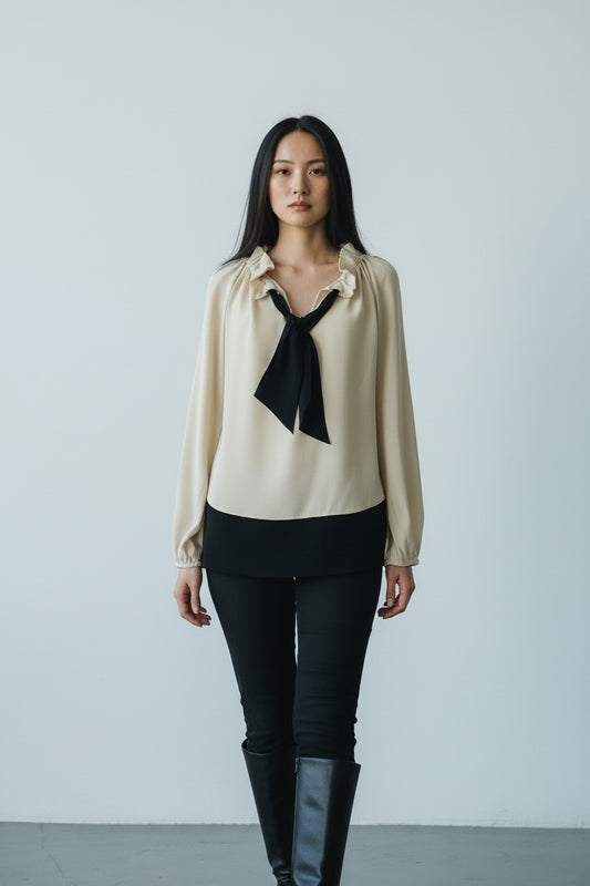 Cream and Black Silk Crepe Silk Blouse by Jaeger London Size| M