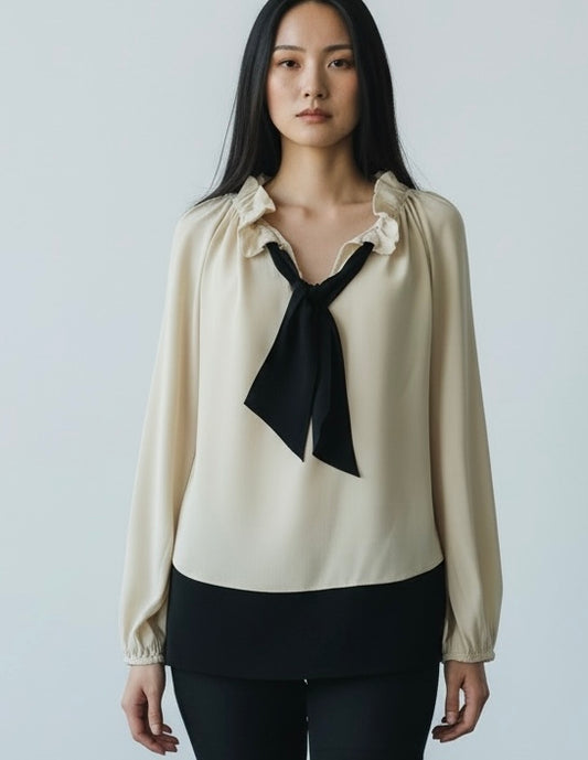 Cream and Black Silk Crepe Silk Blouse by Jaeger London Size| M